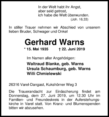 Traueranzeige von Gerhard Warns von Nordwest-Zeitung
