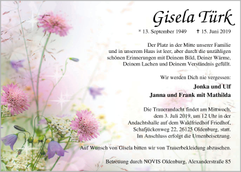 Traueranzeige von Gisela Türk von Nordwest-Zeitung