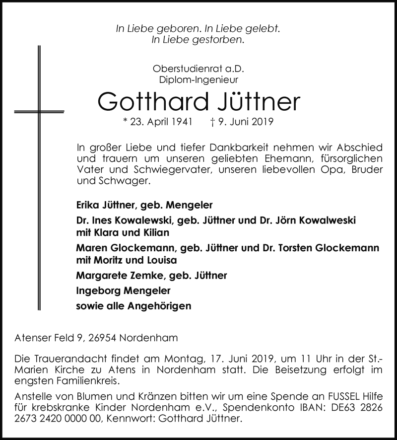  Traueranzeige für Gotthard Jüttner vom 12.06.2019 aus Nordwest-Zeitung