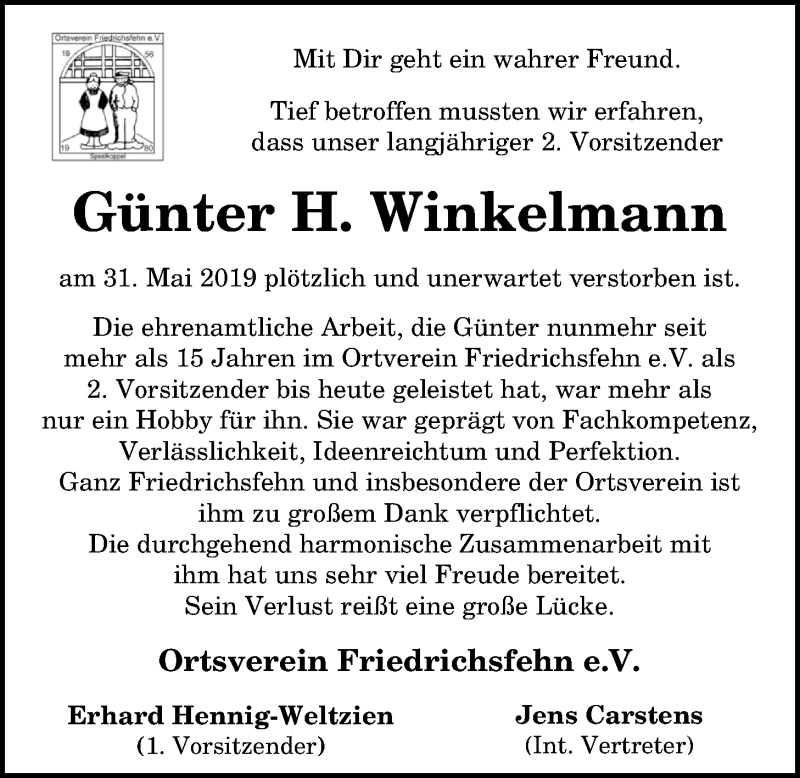  Traueranzeige für Günter H. Winkelmann vom 04.06.2019 aus Nordwest-Zeitung