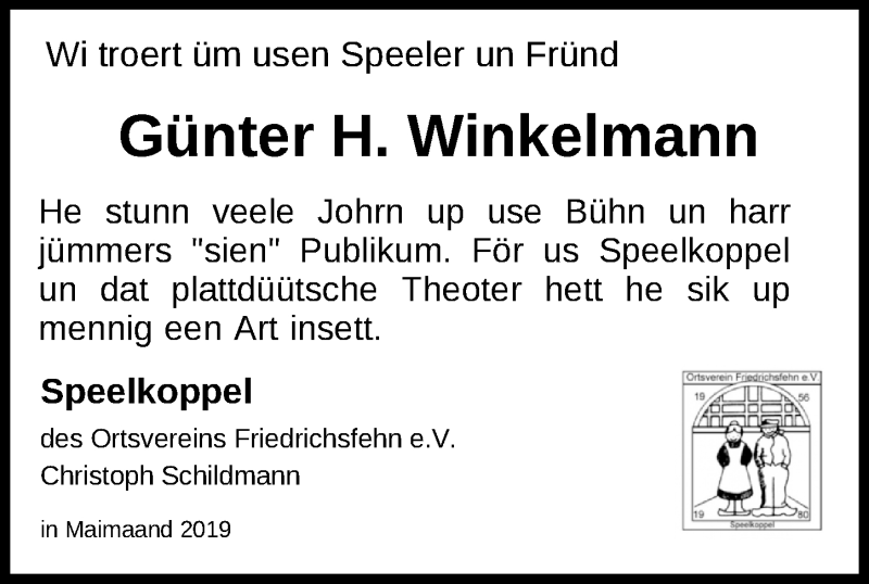  Traueranzeige für Günter H. Winkelmann vom 05.06.2019 aus Nordwest-Zeitung
