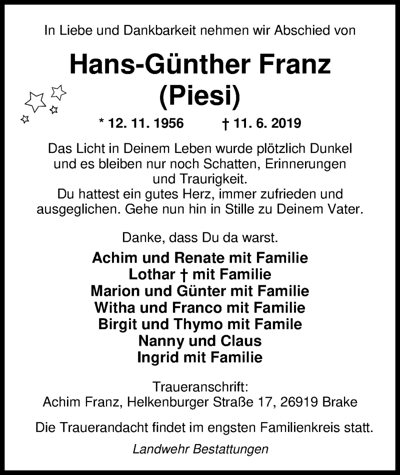  Traueranzeige für Hans-Günther (Piesi) Franz vom 20.06.2019 aus Nordwest-Zeitung