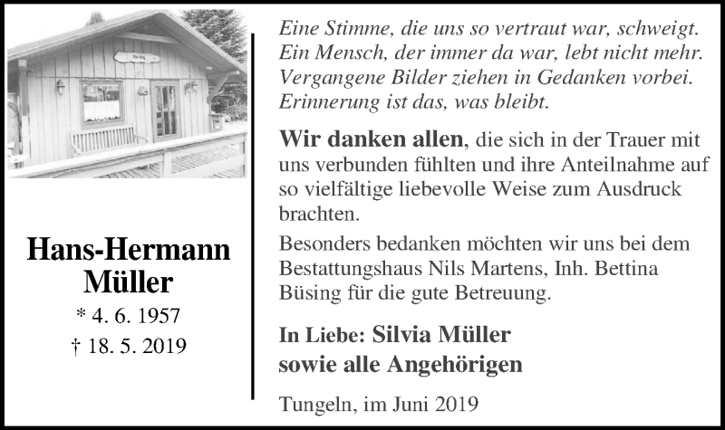  Traueranzeige für Hans-Hermann Müller vom 26.06.2019 aus Nordwest-Zeitung