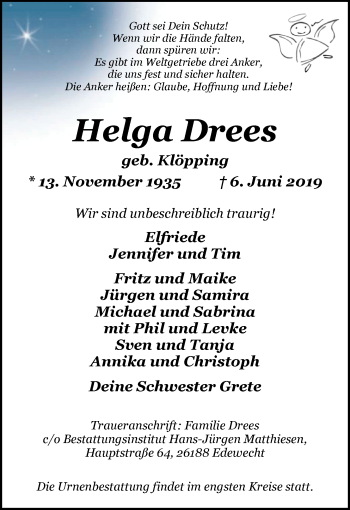 Traueranzeige von Helga Drees von Nordwest-Zeitung