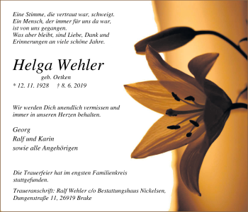 Traueranzeige von Helga Wehler von Nordwest-Zeitung