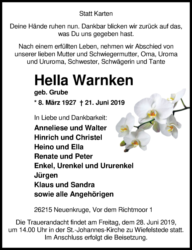 Traueranzeige für Hella Warnken vom 25.06.2019 aus Nordwest-Zeitung