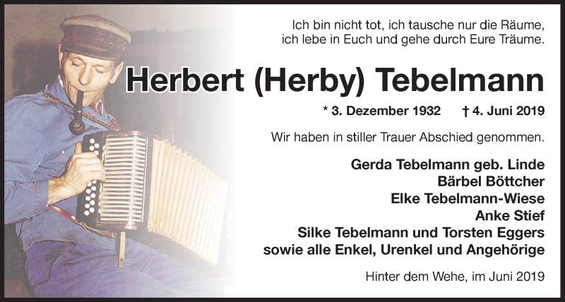  Traueranzeige für Herbert (Herby) Tebelmann vom 14.06.2019 aus Nordwest-Zeitung