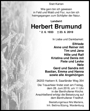 Traueranzeige von Herbert Brumund von Nordwest-Zeitung