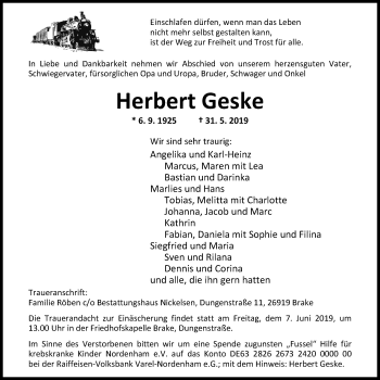 Traueranzeige von Herbert Geske von Nordwest-Zeitung
