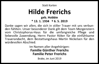 Traueranzeige von Hilde Frerichs von Nordwest-Zeitung