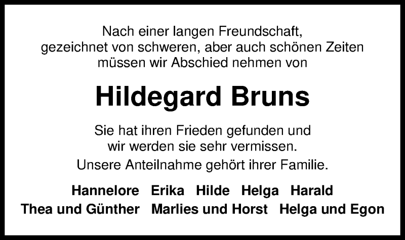  Traueranzeige für Hildegard Bruns vom 25.06.2019 aus Nordwest-Zeitung
