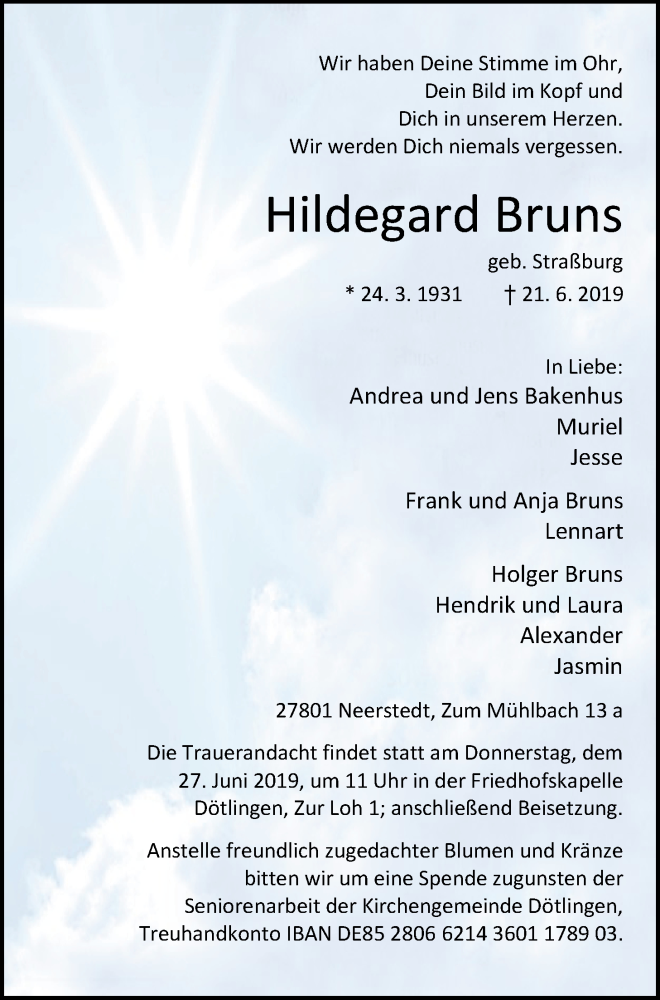  Traueranzeige für Hildegard Bruns vom 25.06.2019 aus Nordwest-Zeitung