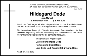 Traueranzeige von Hildegard Dede von Nordwest-Zeitung