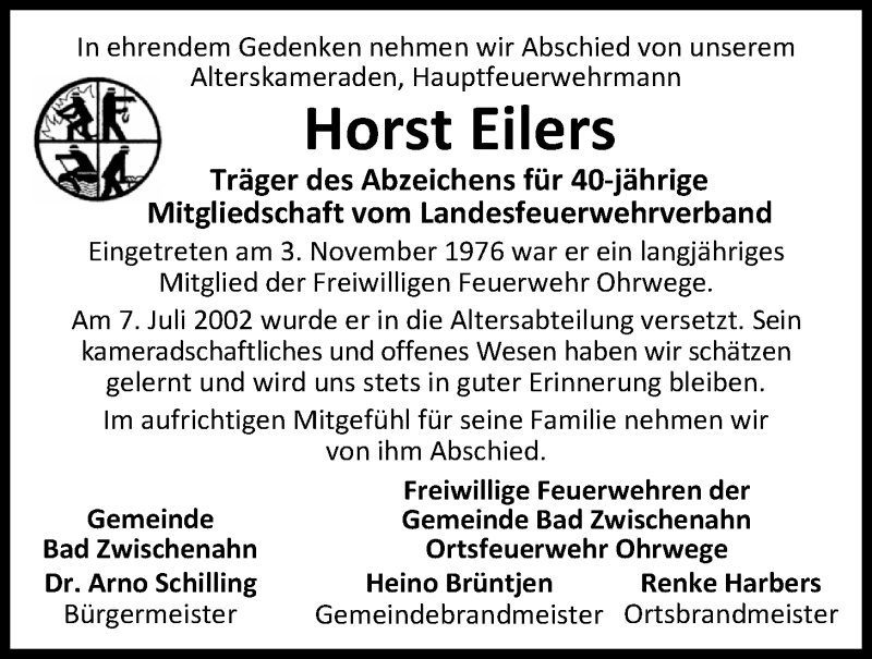  Traueranzeige für Horst Eilers vom 21.06.2019 aus Nordwest-Zeitung