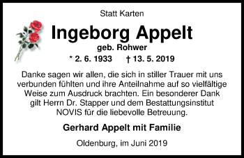 Traueranzeige von Ingeborg Appelt von Nordwest-Zeitung