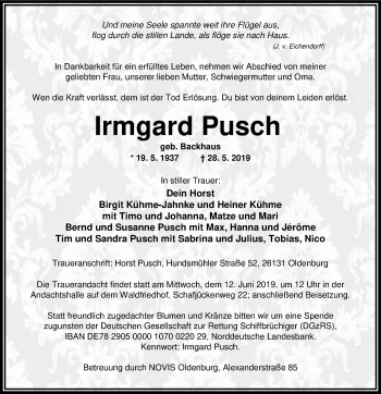 Traueranzeige von Irmgard Pusch von Nordwest-Zeitung
