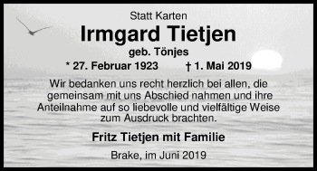 Traueranzeige von Irmgard Tietjen von Nordwest-Zeitung