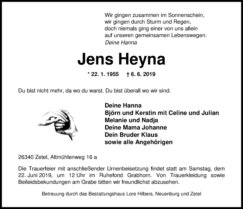  Traueranzeige für Jens Heyna vom 12.06.2019 aus Nordwest-Zeitung