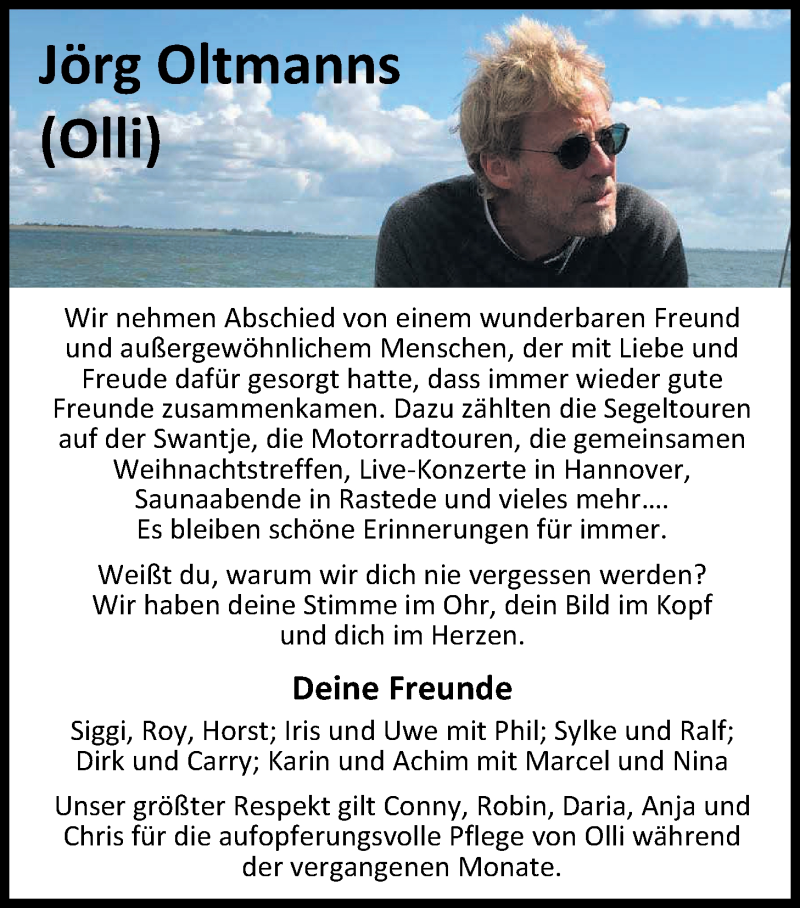  Traueranzeige für Jörg Oltmanns vom 08.06.2019 aus Nordwest-Zeitung