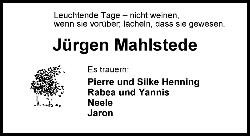  Traueranzeige für Jürgen Mahlstede vom 15.06.2019 aus Nordwest-Zeitung