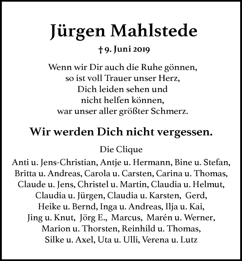  Traueranzeige für Jürgen Mahlstede vom 18.06.2019 aus Nordwest-Zeitung