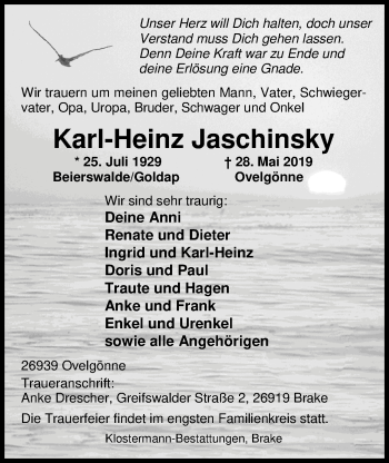 Traueranzeige von Karl-Heinz Jaschinsky von Nordwest-Zeitung