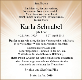 Traueranzeige von Karla Schnabel von Nordwest-Zeitung