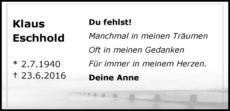  Traueranzeige für Klaus Eschhold vom 22.06.2019 aus Nordwest-Zeitung