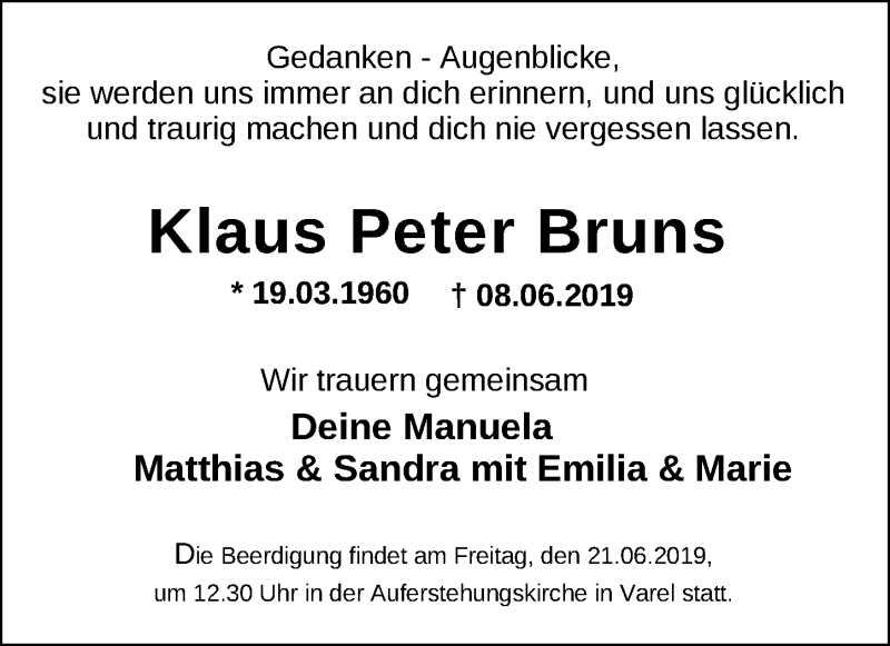  Traueranzeige für Klaus Peter Bruns vom 18.06.2019 aus Nordwest-Zeitung