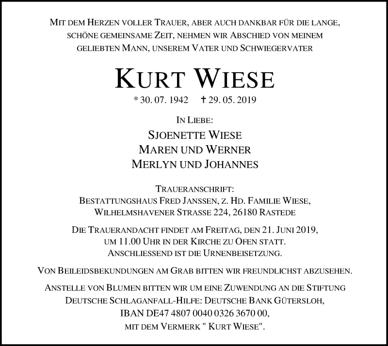  Traueranzeige für Kurt Wiese vom 08.06.2019 aus Nordwest-Zeitung