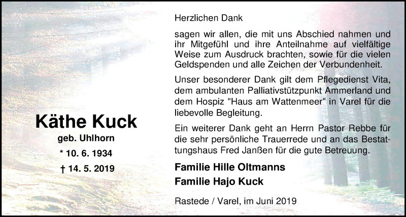  Traueranzeige für Käthe Kuck vom 29.06.2019 aus Nordwest-Zeitung
