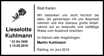 Traueranzeige von Lieselotte Kuhlmann von Nordwest-Zeitung
