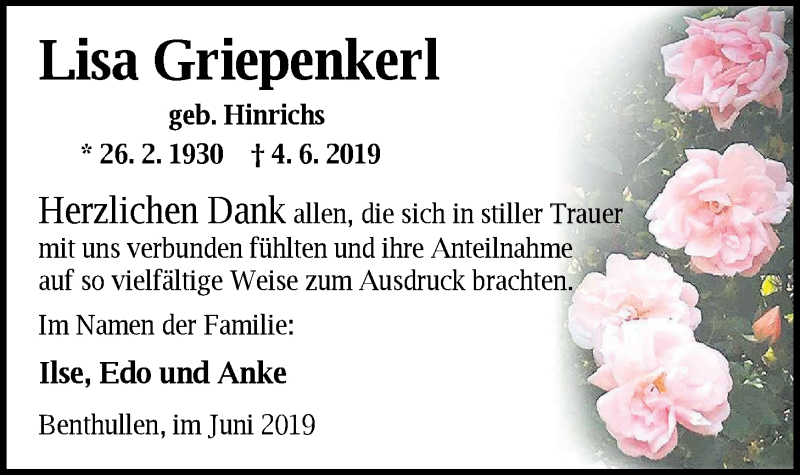  Traueranzeige für Lisa Griepenkerl vom 29.06.2019 aus Nordwest-Zeitung