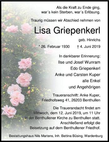 Traueranzeige von Lisa Griepenkerl von Nordwest-Zeitung