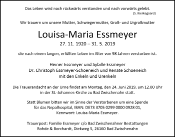 Traueranzeige von Louisa-Maria Essmeyer von Nordwest-Zeitung