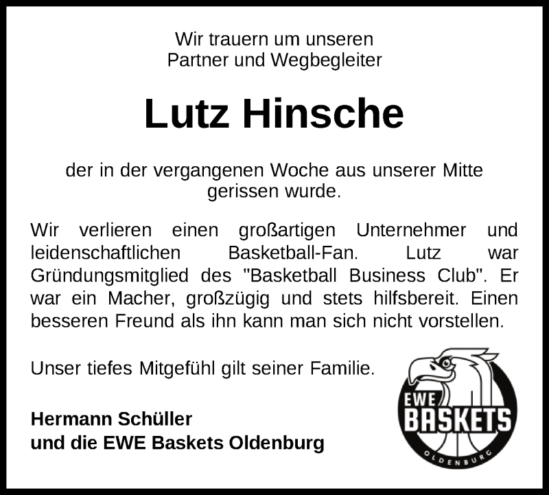  Traueranzeige für Lutz Hinsche vom 24.06.2019 aus Nordwest-Zeitung