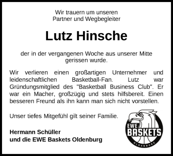 Traueranzeige von Lutz Hinsche von Nordwest-Zeitung
