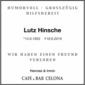 Traueranzeige von Lutz Hinsche von Nordwest-Zeitung