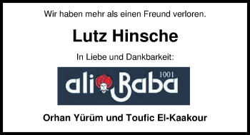 Traueranzeige von Lutz Hinsche von Nordwest-Zeitung