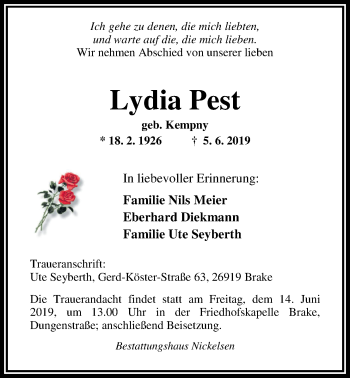 Traueranzeige von Lydia Pest von Nordwest-Zeitung