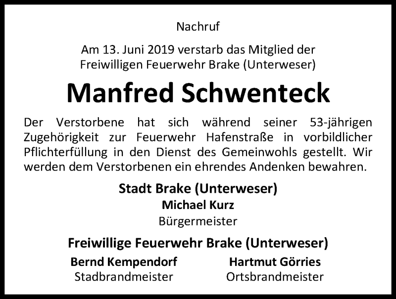  Traueranzeige für Manfred Schwenteck vom 19.06.2019 aus Nordwest-Zeitung