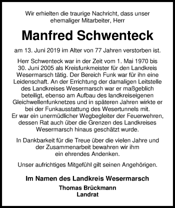 Traueranzeige von Manfred Schwenteck von Nordwest-Zeitung