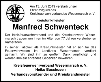 Traueranzeige von Manfred Schwenteck von Nordwest-Zeitung