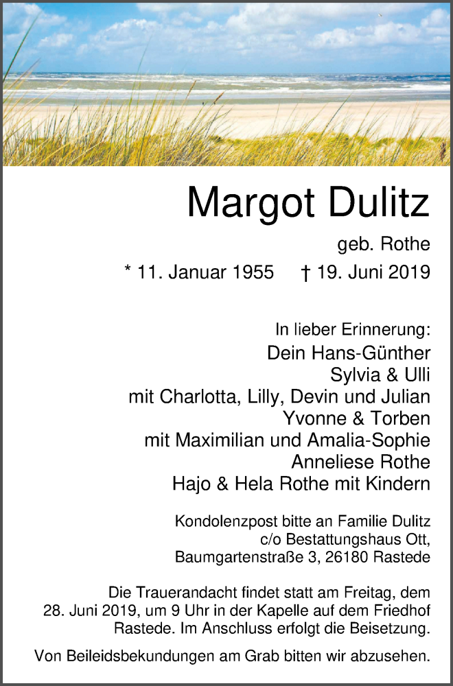  Traueranzeige für Margot Dulitz vom 25.06.2019 aus Nordwest-Zeitung