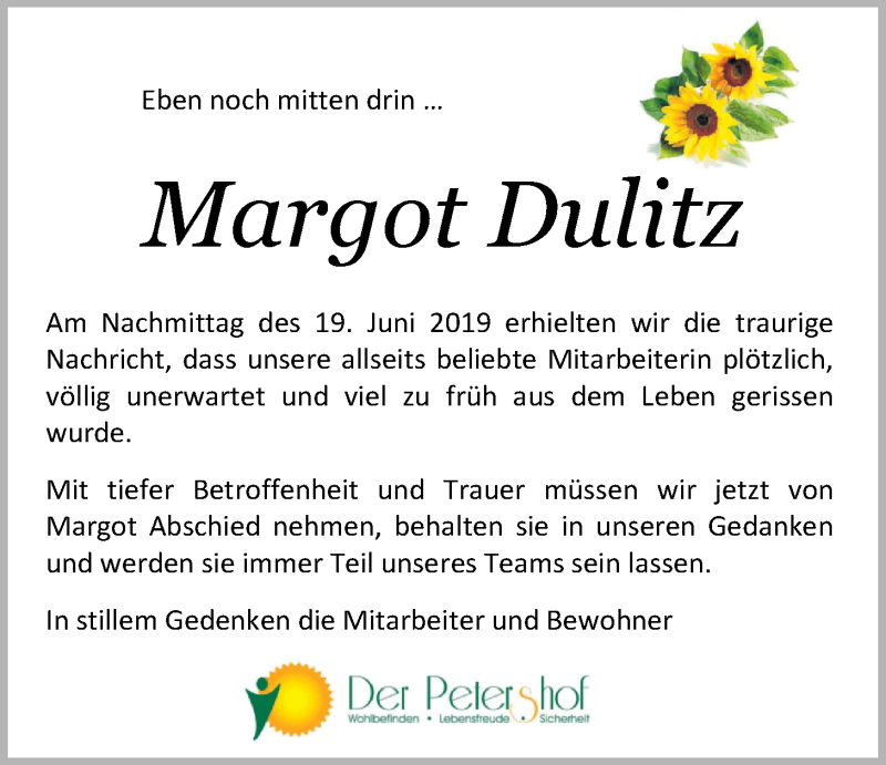  Traueranzeige für Margot Dulitz vom 28.06.2019 aus Nordwest-Zeitung