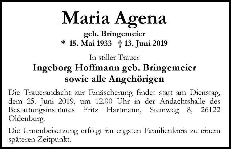  Traueranzeige für Maria Agena vom 21.06.2019 aus Nordwest-Zeitung
