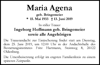Traueranzeige von Maria Agena von Nordwest-Zeitung