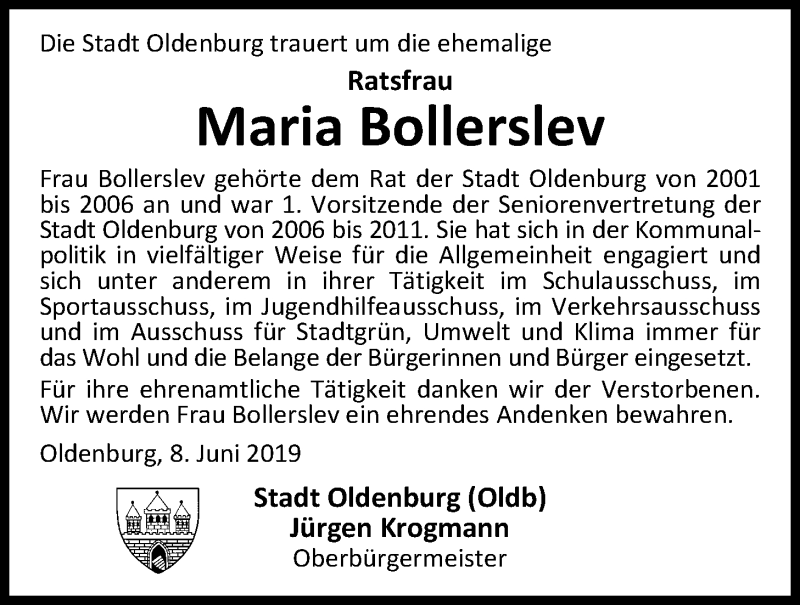  Traueranzeige für Maria Bollerslev vom 08.06.2019 aus Nordwest-Zeitung