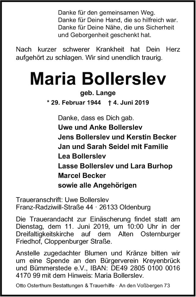  Traueranzeige für Maria Bollerslev vom 07.06.2019 aus Nordwest-Zeitung