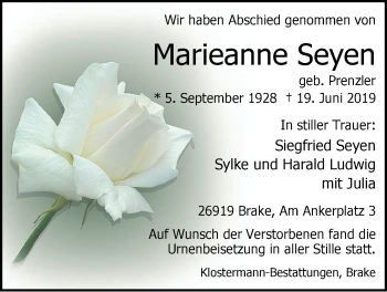 Traueranzeige von Marieanne Seyen von Nordwest-Zeitung